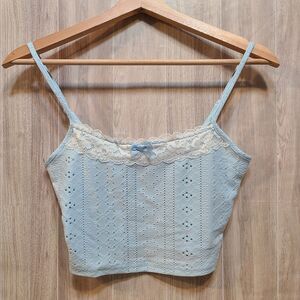 Shein Light Blue Eyelet Crop Tank XS Lace Trim Bow Cami Spaghetti Strap Top